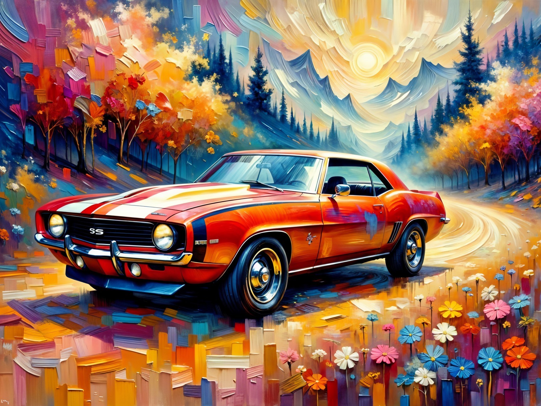 Classic Camaro SS Amidst Autumn Foliage and Sunset