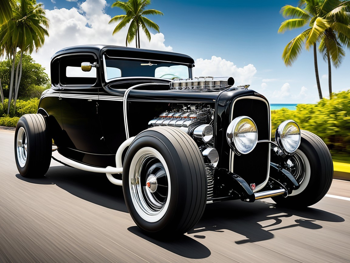 Classic Black Hot Rod on Tropical Palm-Lined Road