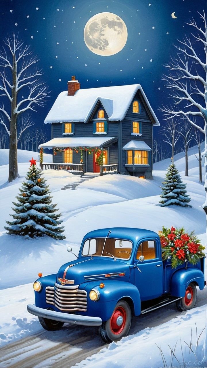 Vintage Blue Truck on Snowy Road with Holiday Decor