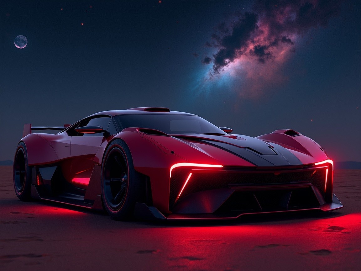 Futuristic Sports Car on Barren Landscape Under Stars