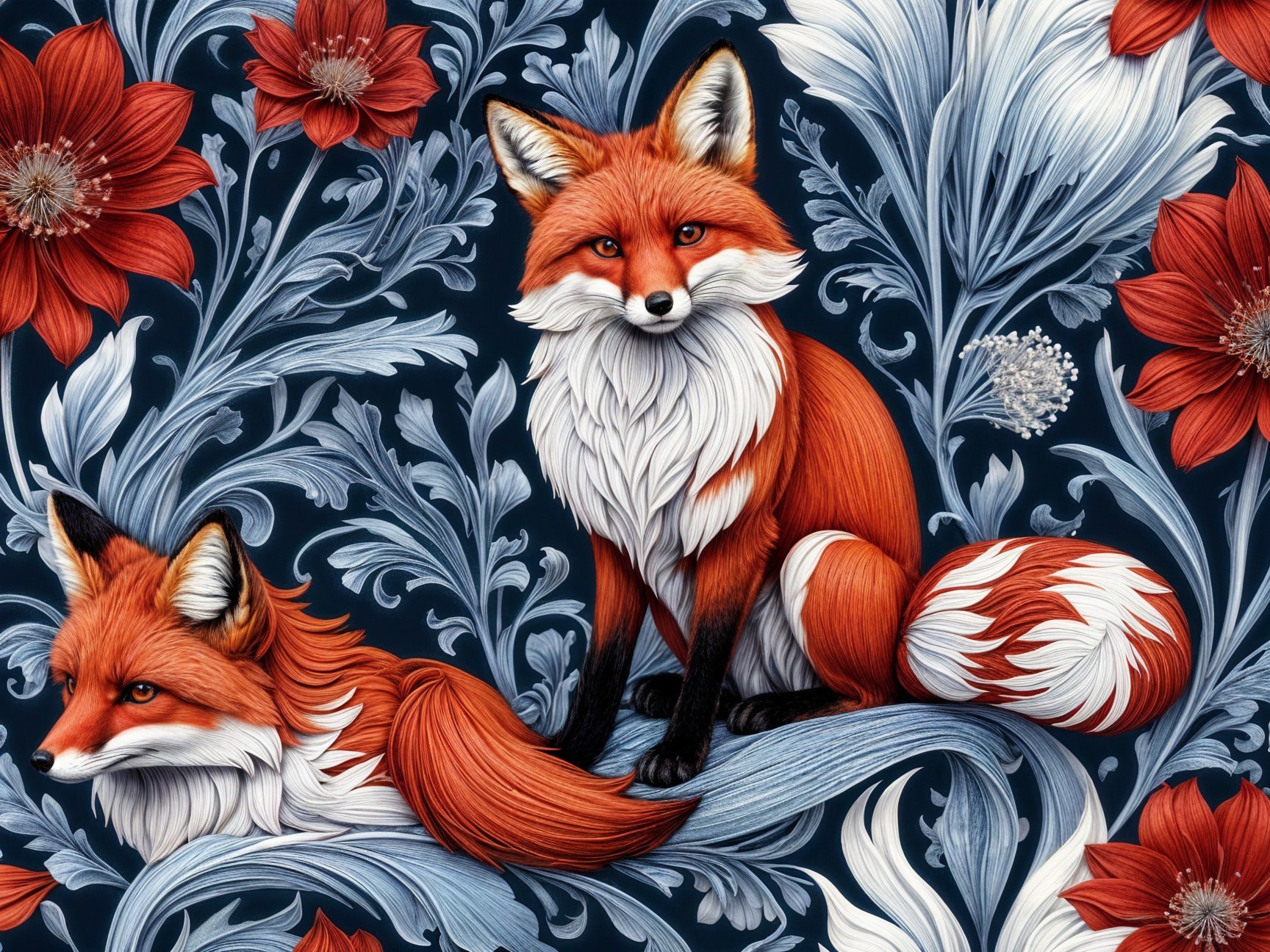 Intricate Red Foxes Against Dark Blue Background