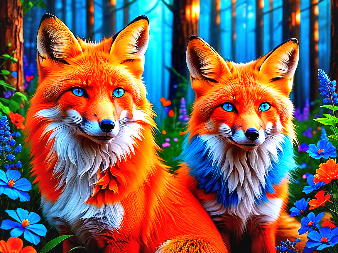 Vibrant Foxes in a Colorful Forest Setting