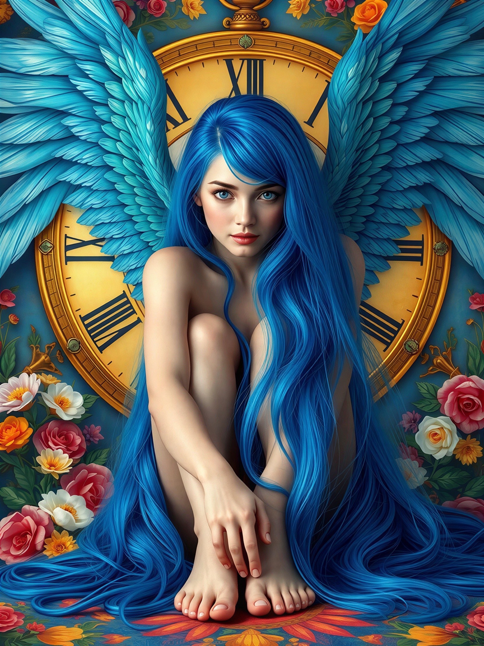 Fantasy Digital Painting of a Winged Woman in Flowers