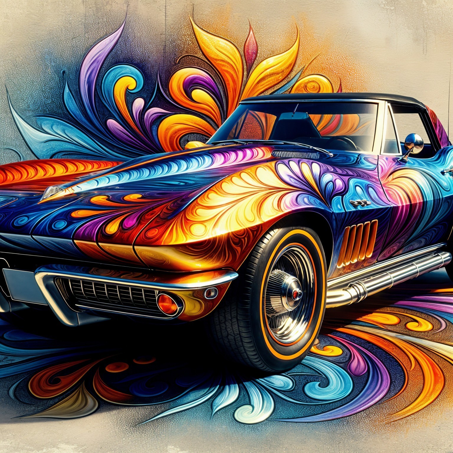 Vintage Convertible Car with Colorful Floral Background