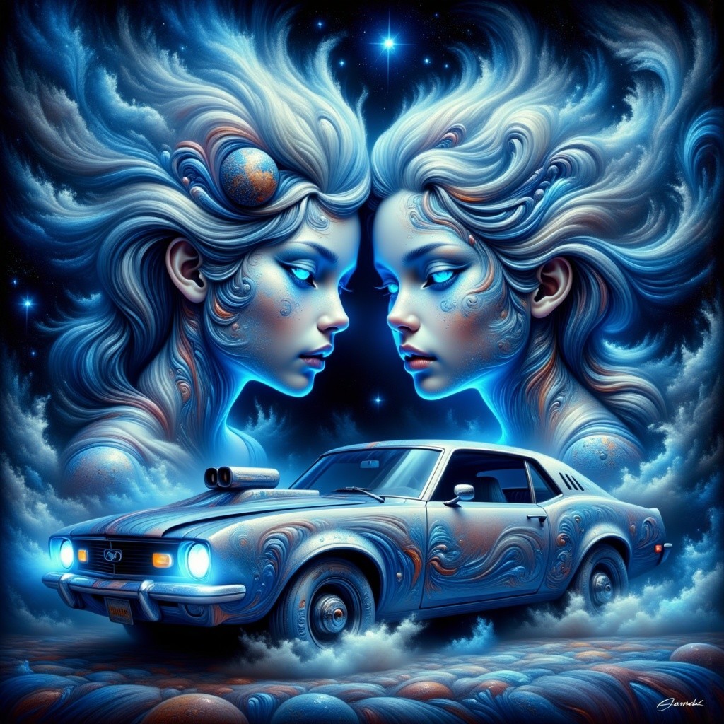 Surreal Artwork of Ethereal Faces and Vintage Car
