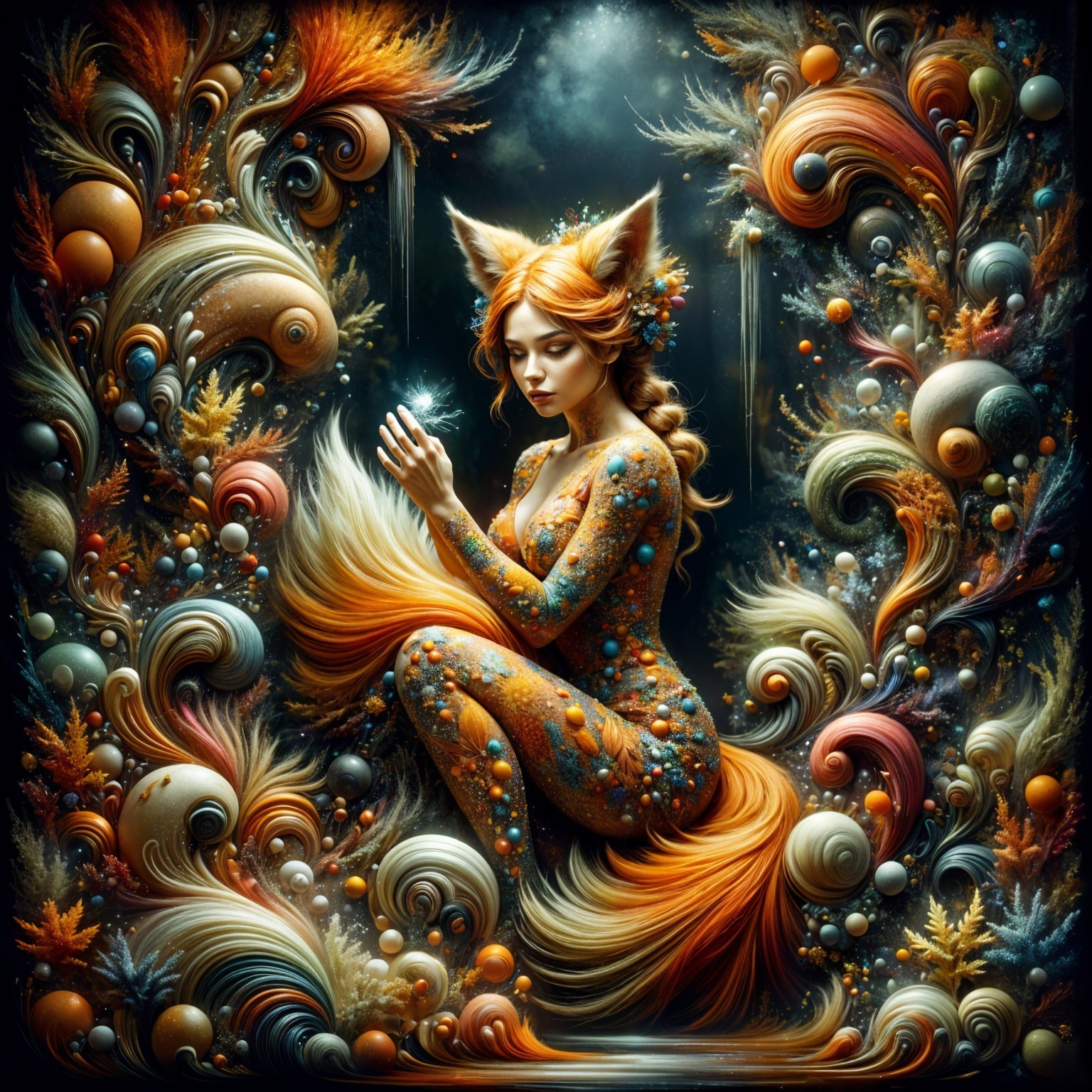 Fantastical Woman with Fox Ears and Vibrant Tail