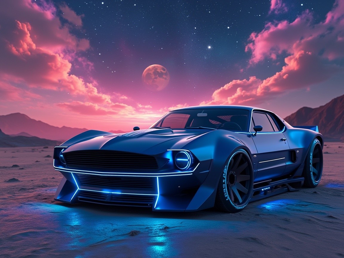 Futuristic Car in Surreal Desert Landscape with Planet