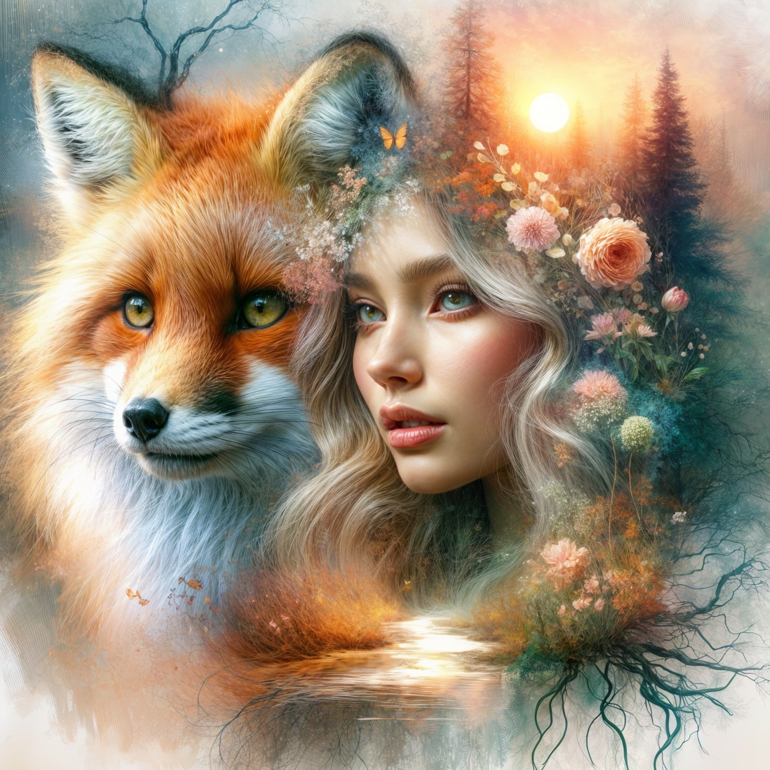 Vibrant Fox and Serene Woman in Enchanting Nature