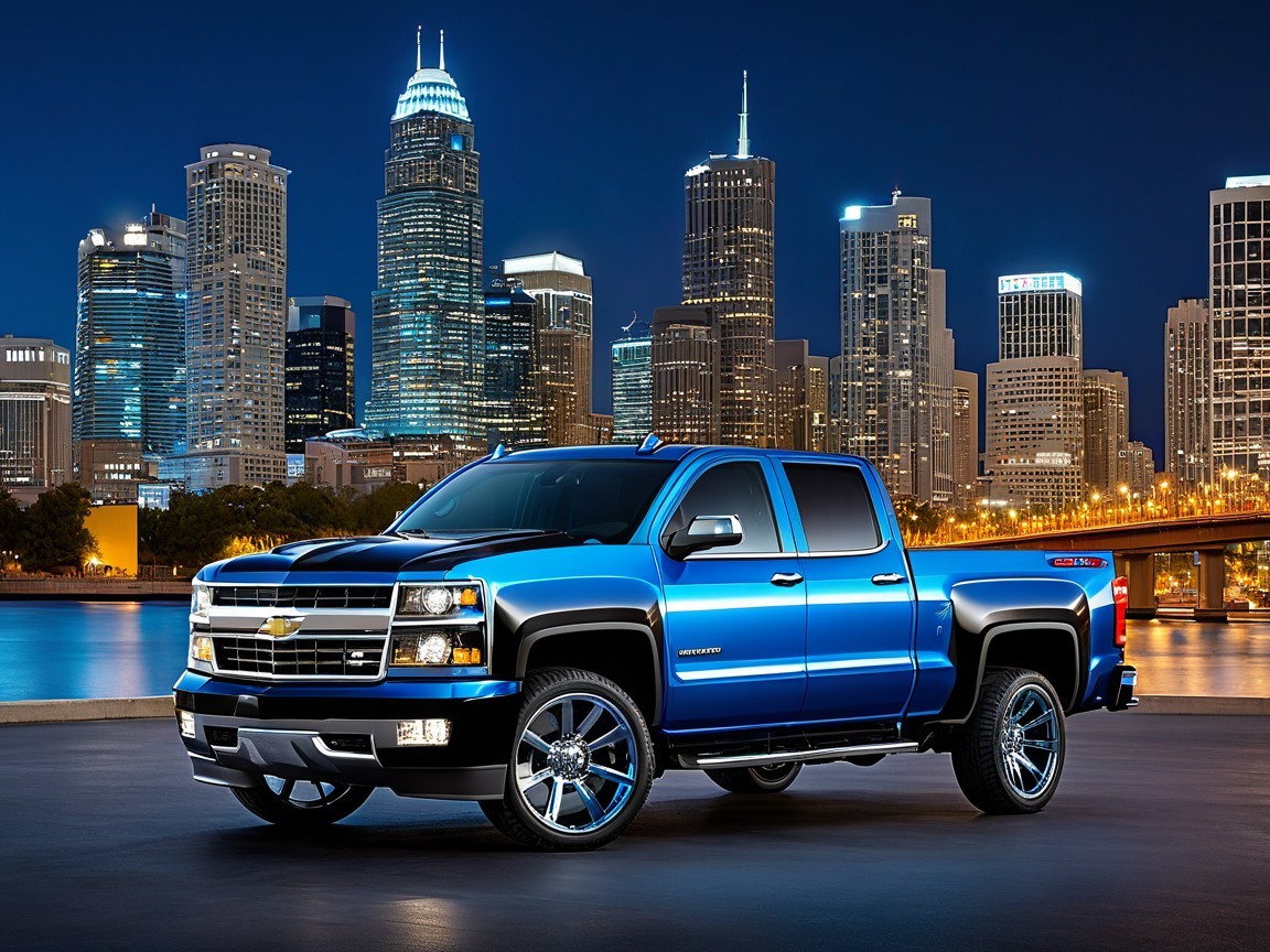 Blue Chevrolet Truck in Urban Night Skyline Setting