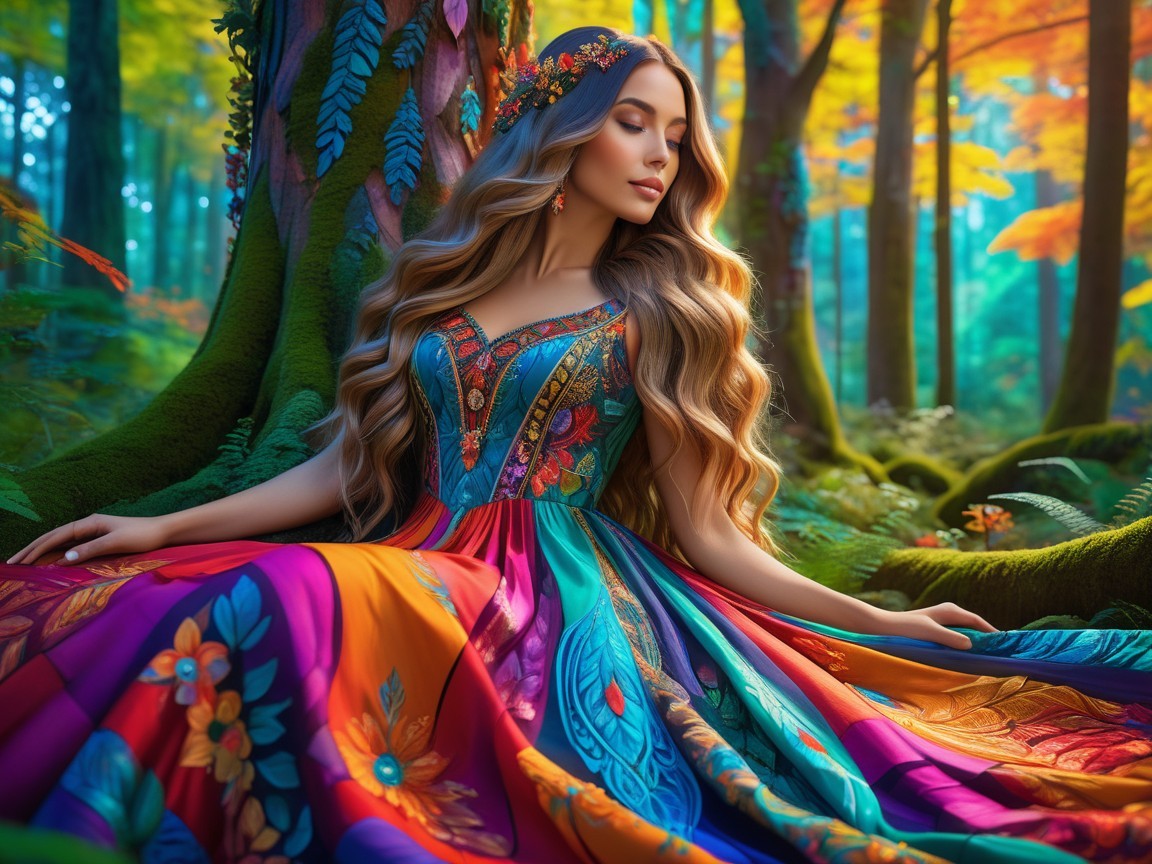 Woman in Colorful Gown in Autumn Forest Setting