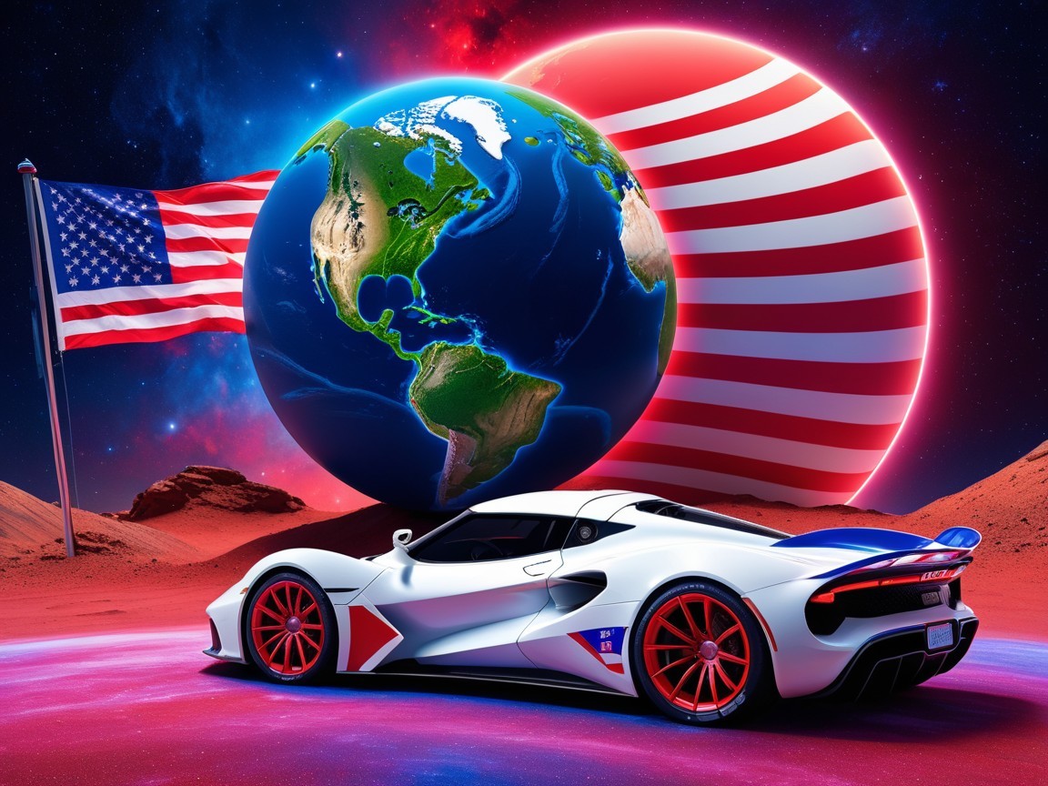 Futuristic Car Against Cosmic Earth and Flag Backdrop
