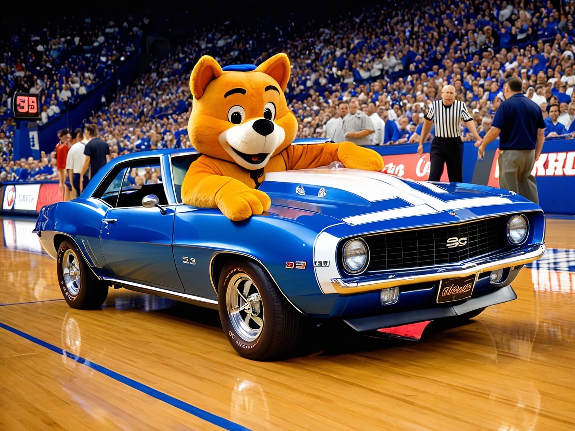 Blue 1969 Camaro SS on Basketball Court with Mascot