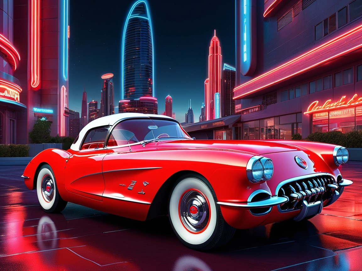 Classic Corvette in Futuristic Neon Cityscape