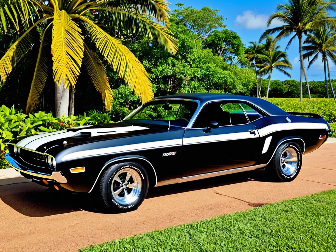Black and White Muscle Car in Tropical Setting