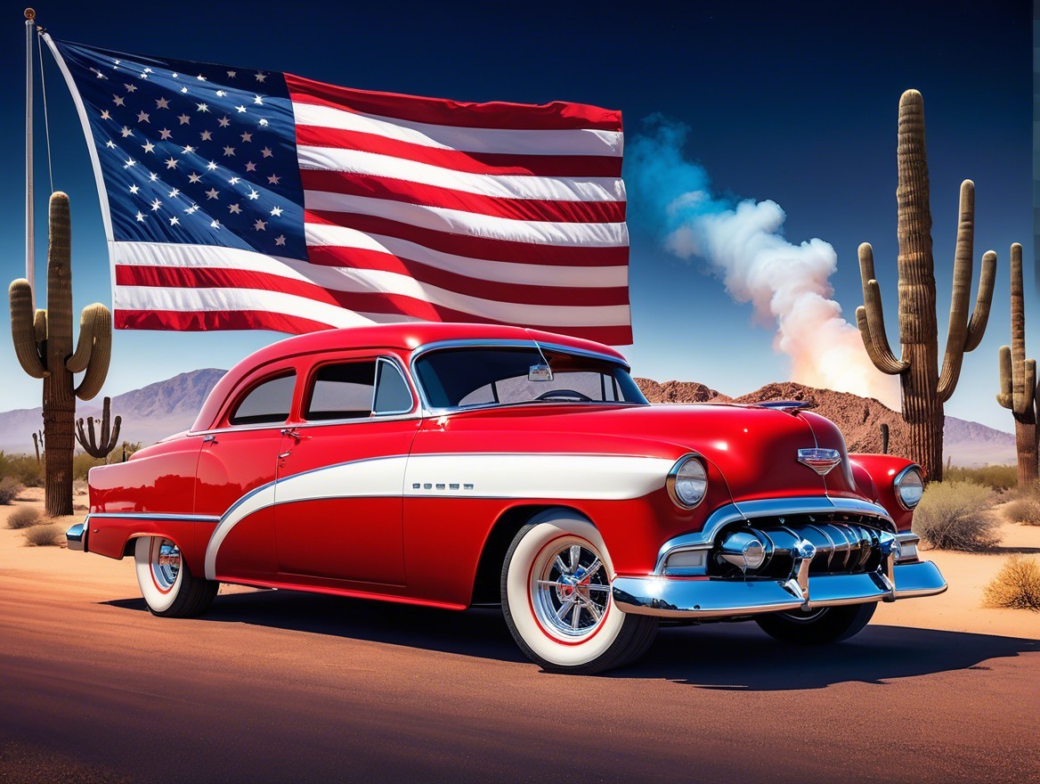 1950s Red and White Car on Desert Road with Flag