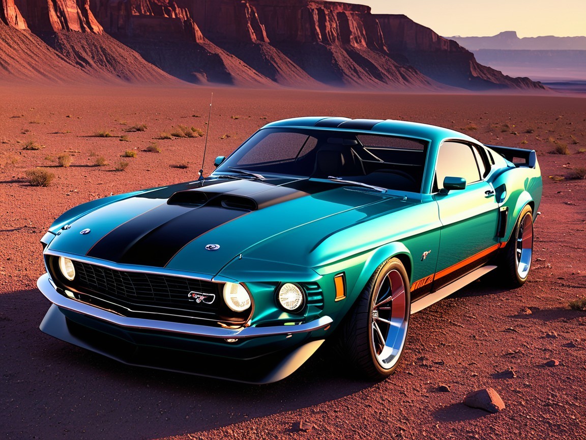 Turquoise 1970 Mustang in Desert Landscape at Sunset