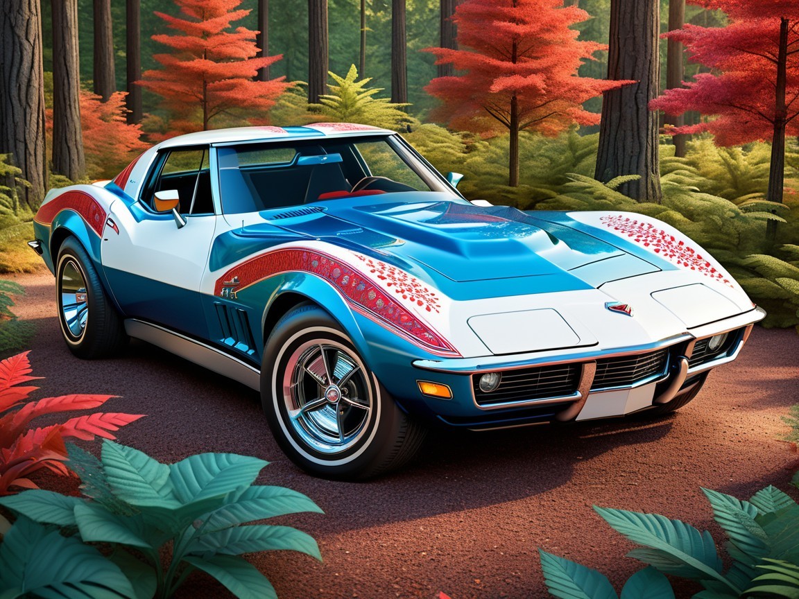 Classic Corvette on Forest Pathway with Autumn Colors