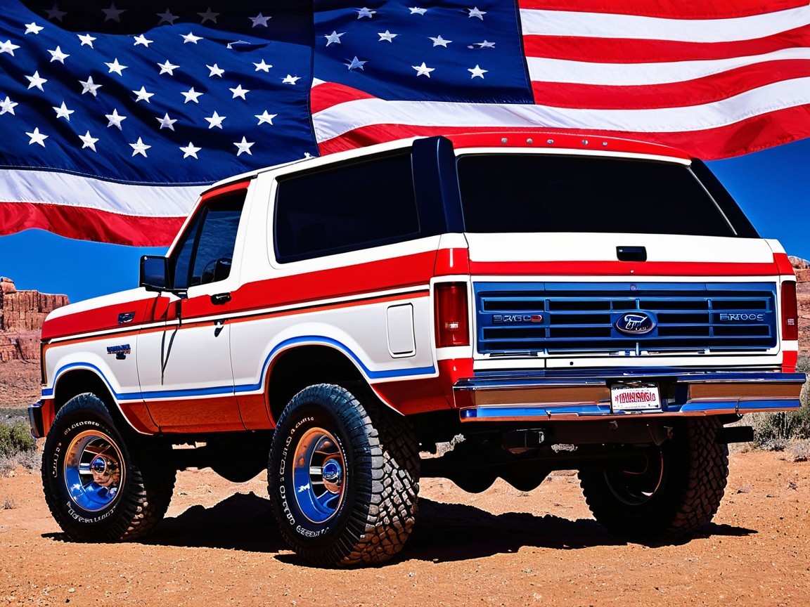 Vintage Ford Bronco with American Flag Background