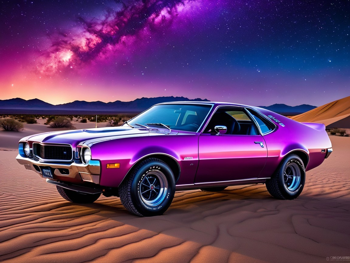 Vintage Muscle Car in Purple Under Starry Sky