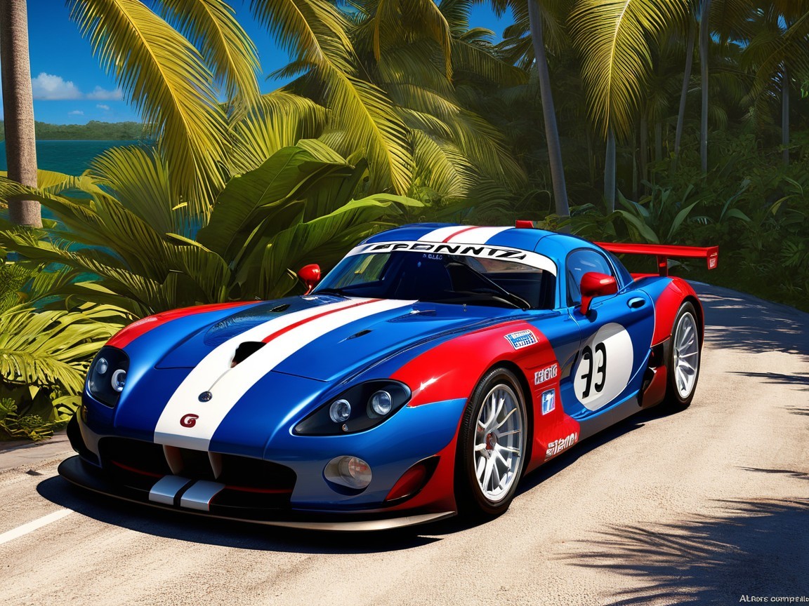Sleek Race Car on Winding Tropical Road with Ocean View