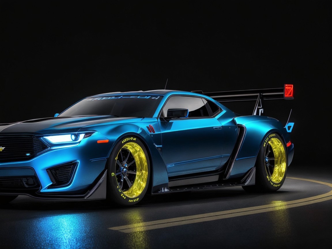 Modified Sports Car with Blue Finish and Yellow Wheels