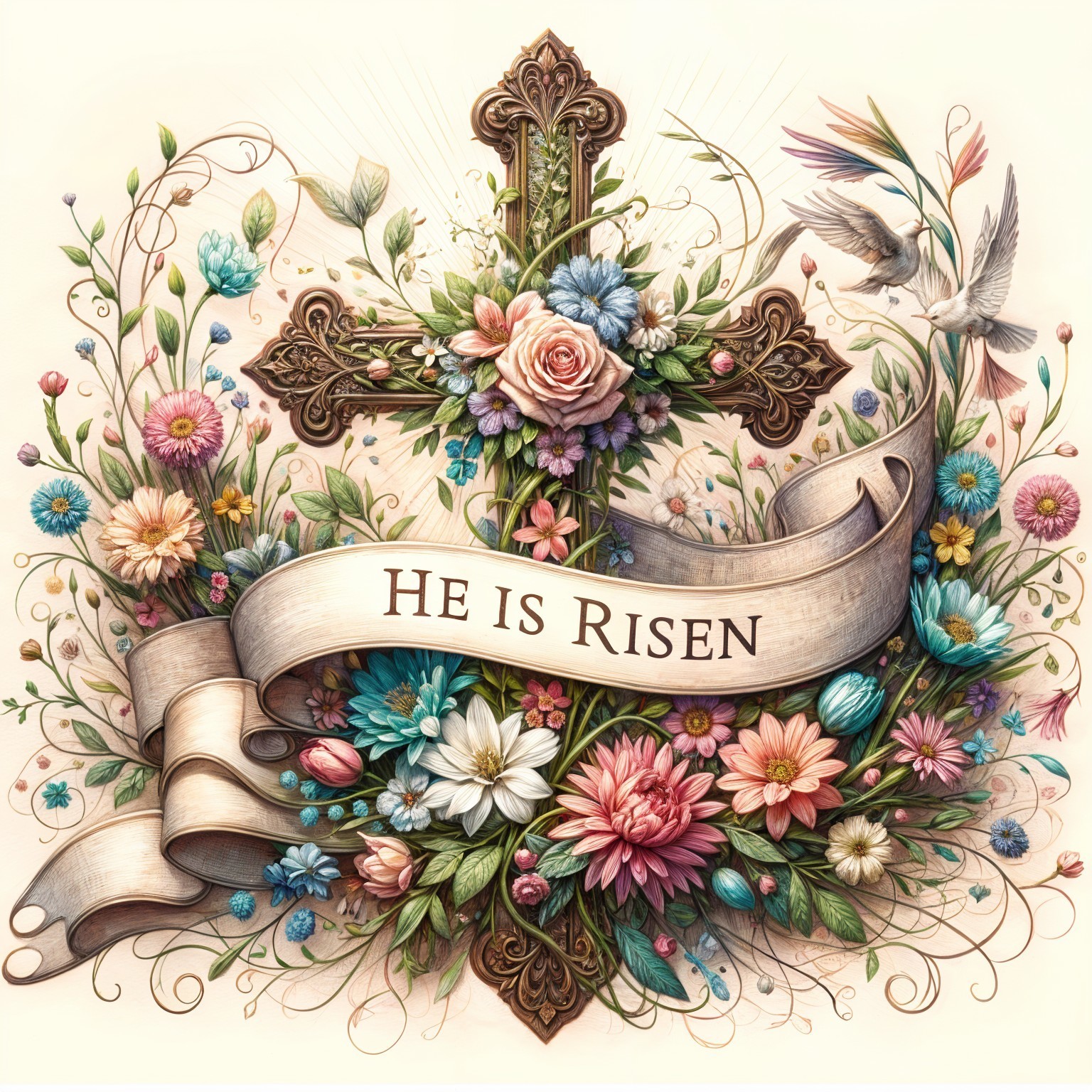 Ornate Cross with Flowers and Resurrection Theme
