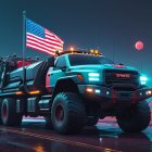 Vintage Truck with American Flag on Deserted Road