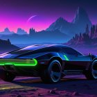 Black Sports Car with Neon Green Headlights at Sunset