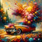 Vibrant Abstract Scene with Classic Car and Flowers