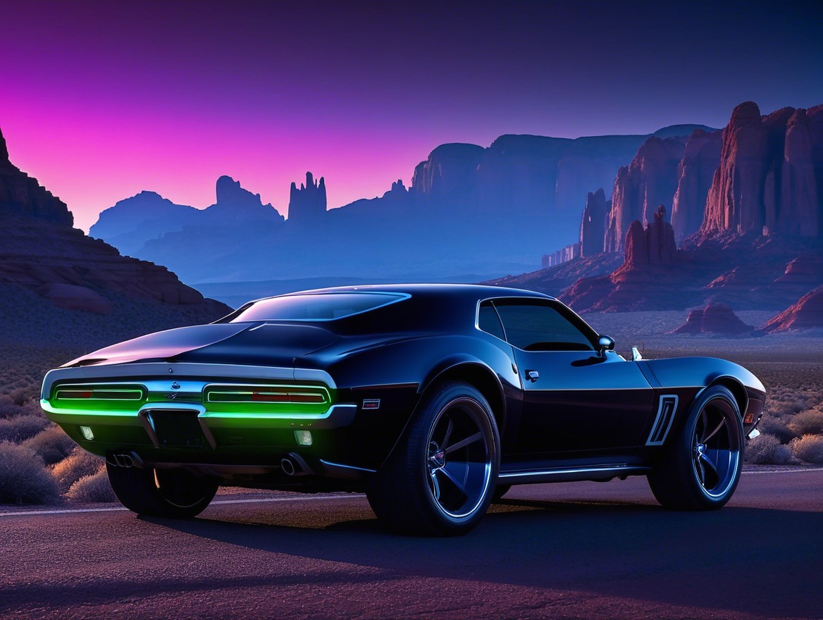 Black Sports Car with Neon Green Headlights at Sunset