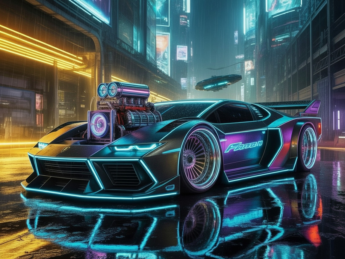 Futuristic Neon Sports Car in Cyberpunk Cityscape