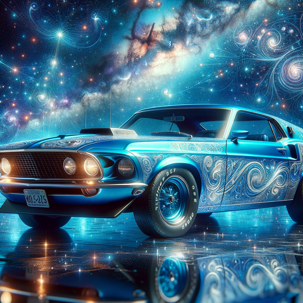 Classic Blue Car with Cosmic Motifs and Starry Background