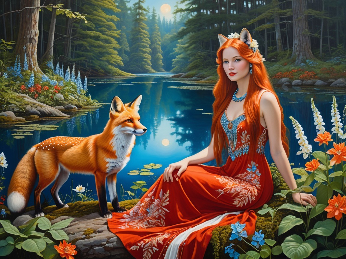 Woman with Red Hair by a Tranquil Lake and Fox