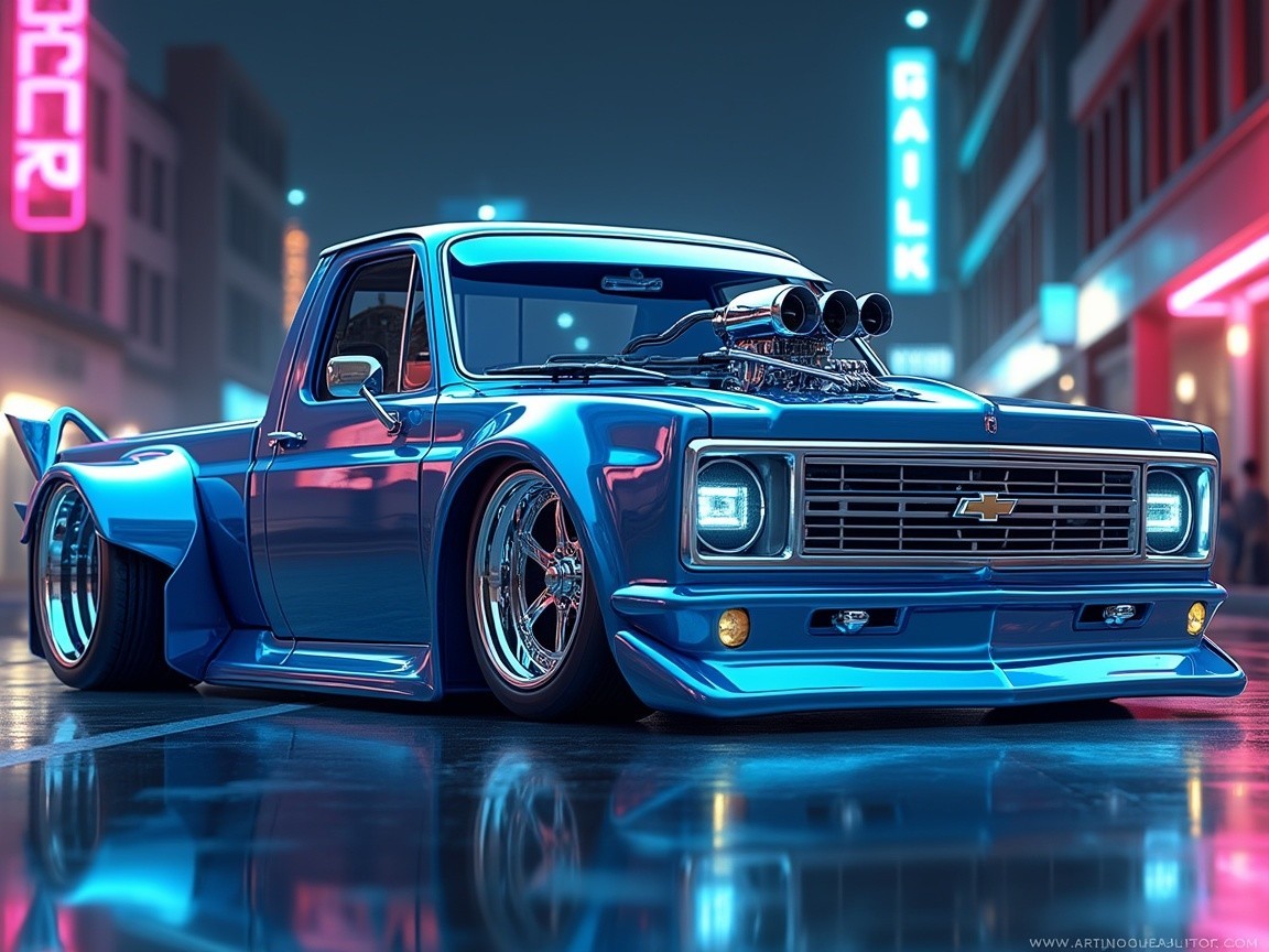 Glossy Blue Chevrolet Pickup with Supercharger and Chrome Wheels
