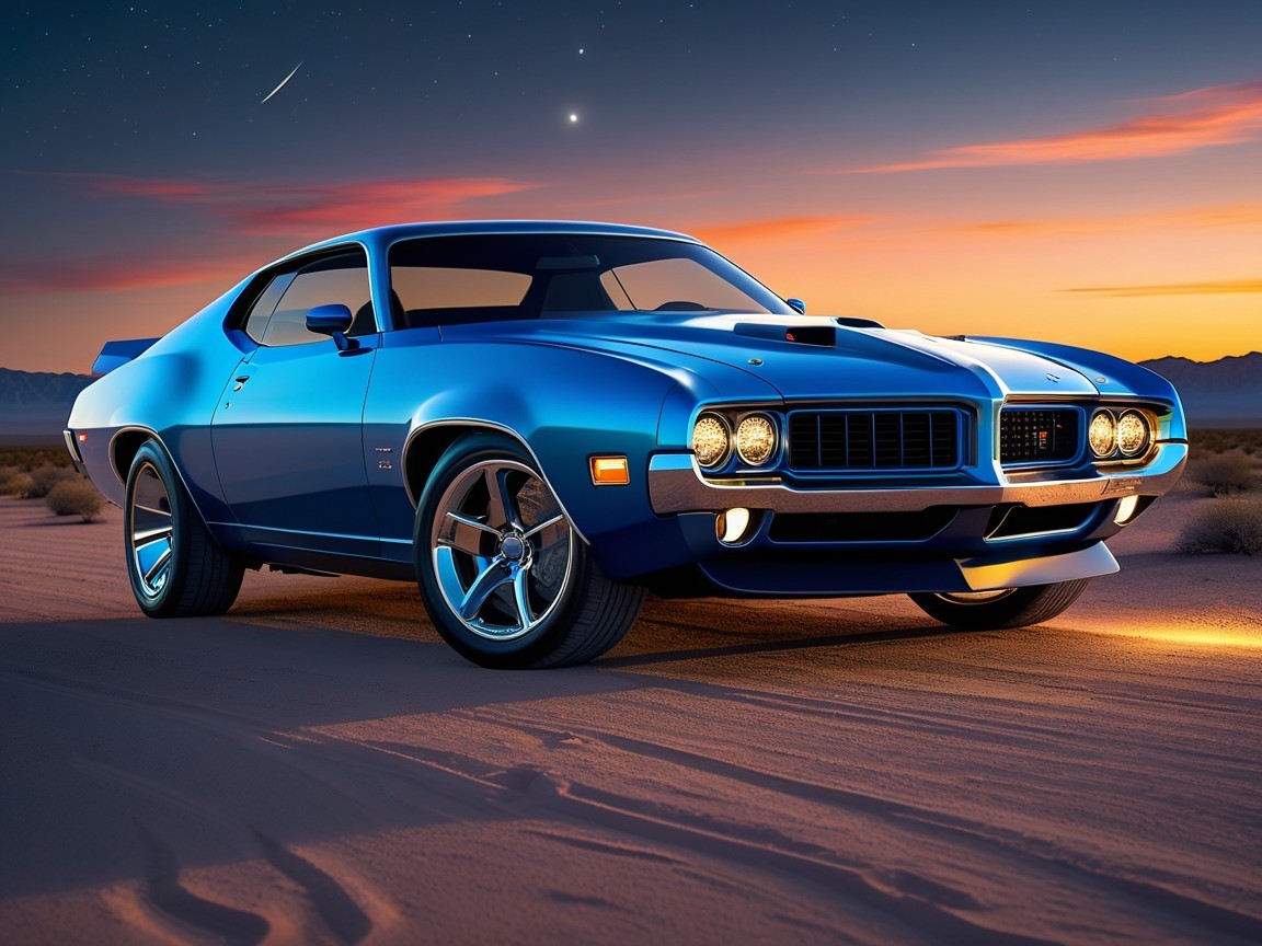 Classic Blue Muscle Car Against Desert Sunset