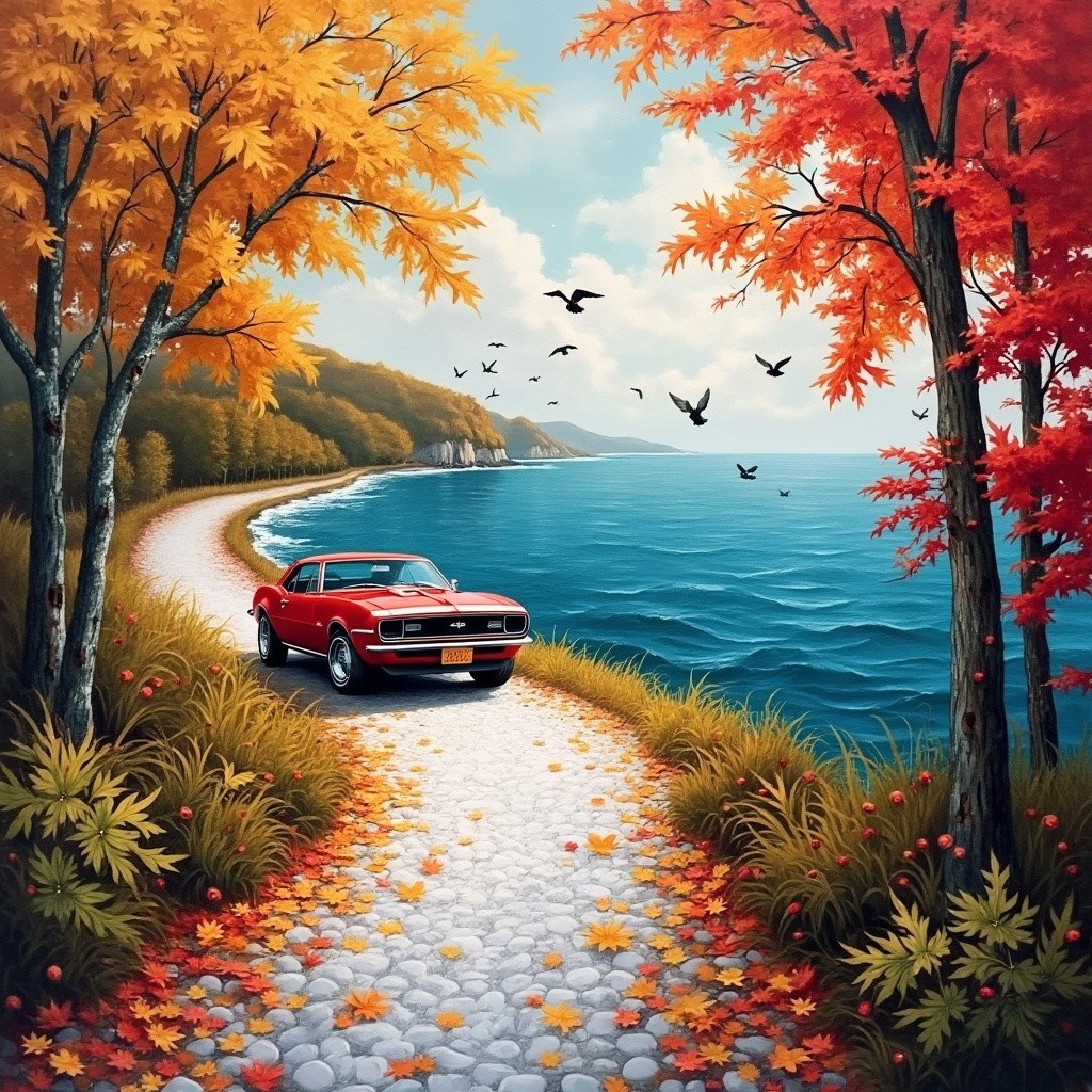 Vibrant Autumn Scene with Classic Red Car and Coastline