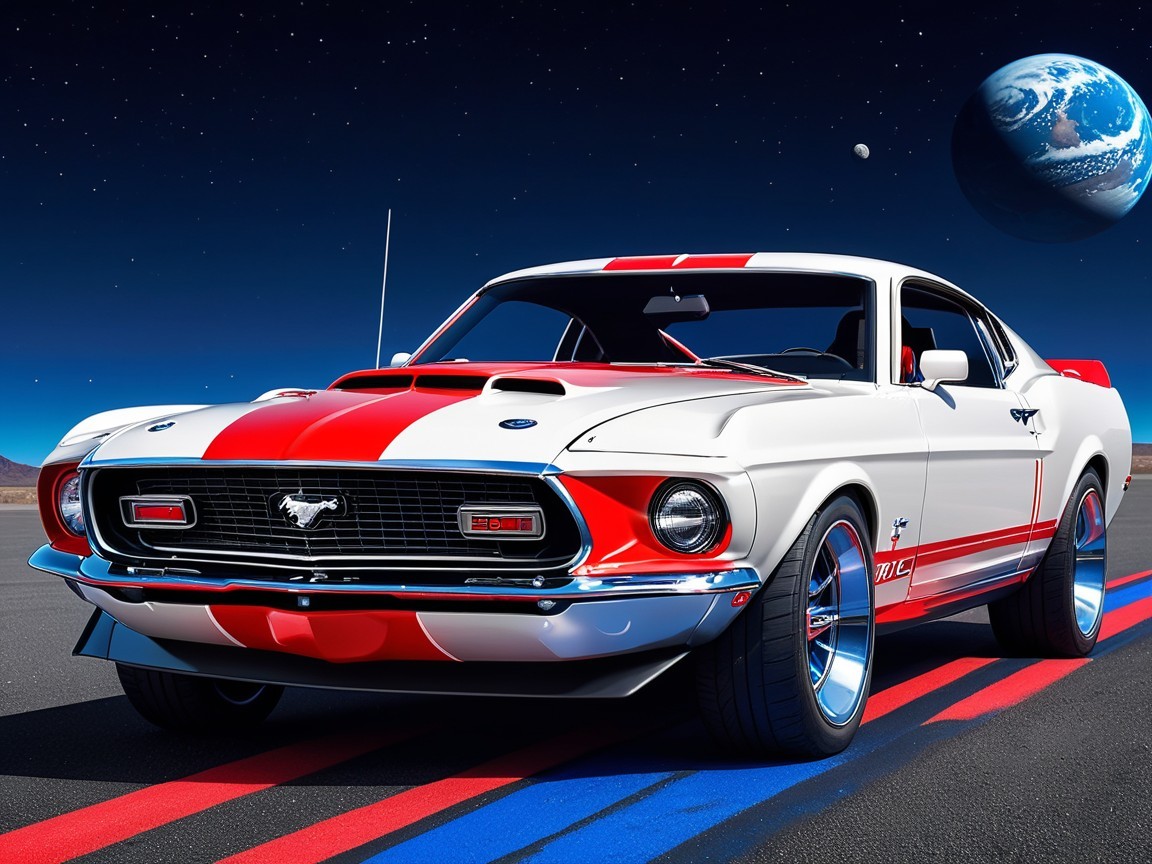 1969 Mustang with White Exterior and Red Stripes