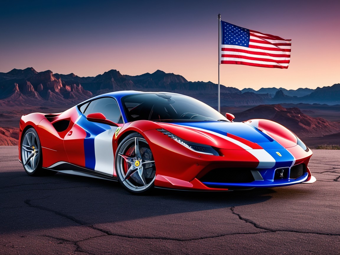 Red Ferrari 488 with American Flag at Sunset Mountains