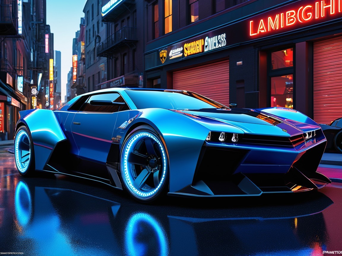 Futuristic Car Under Neon Lights in Urban Night Scene