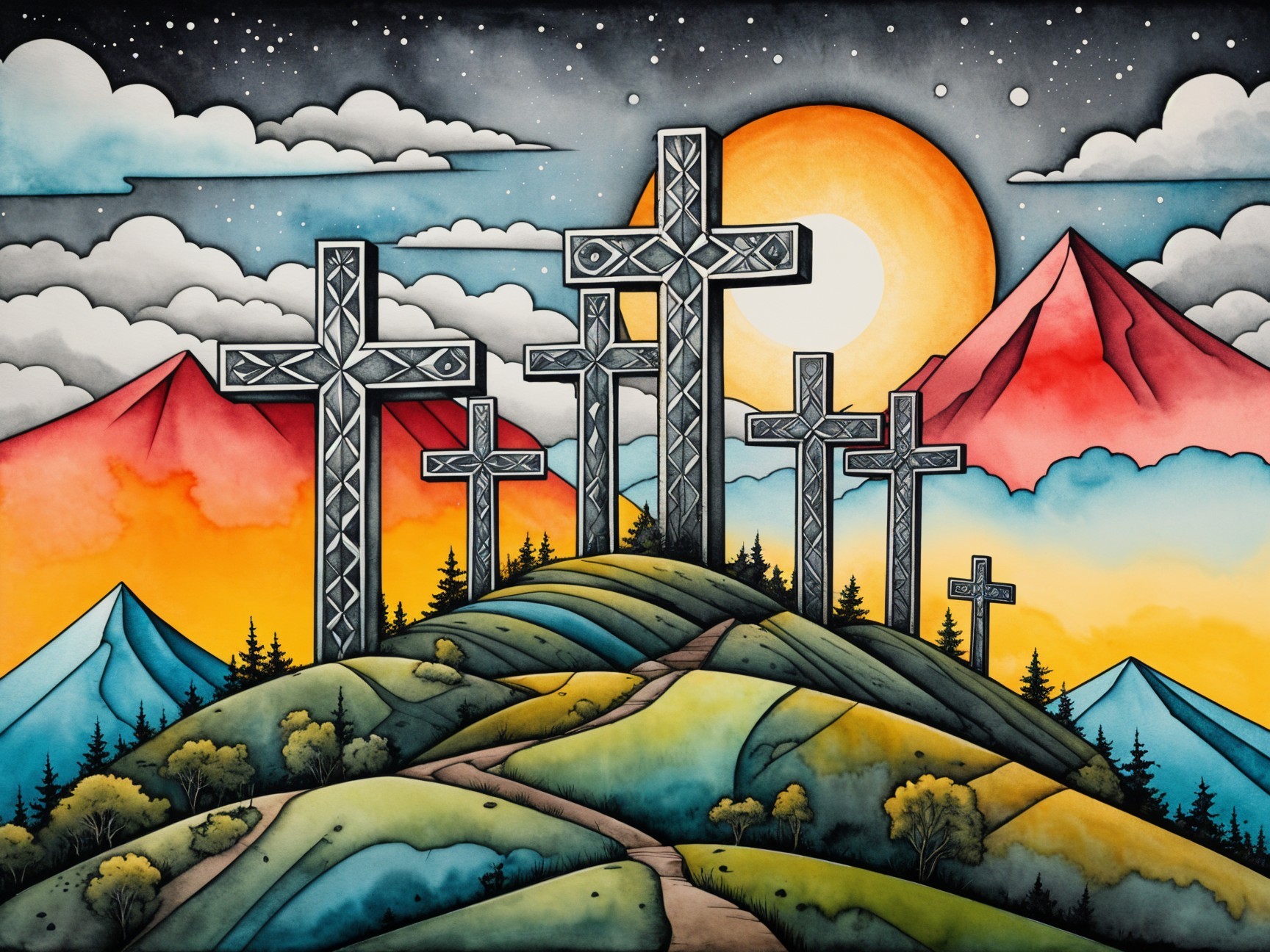 Vibrant Landscape with Crosses and Colorful Sunset