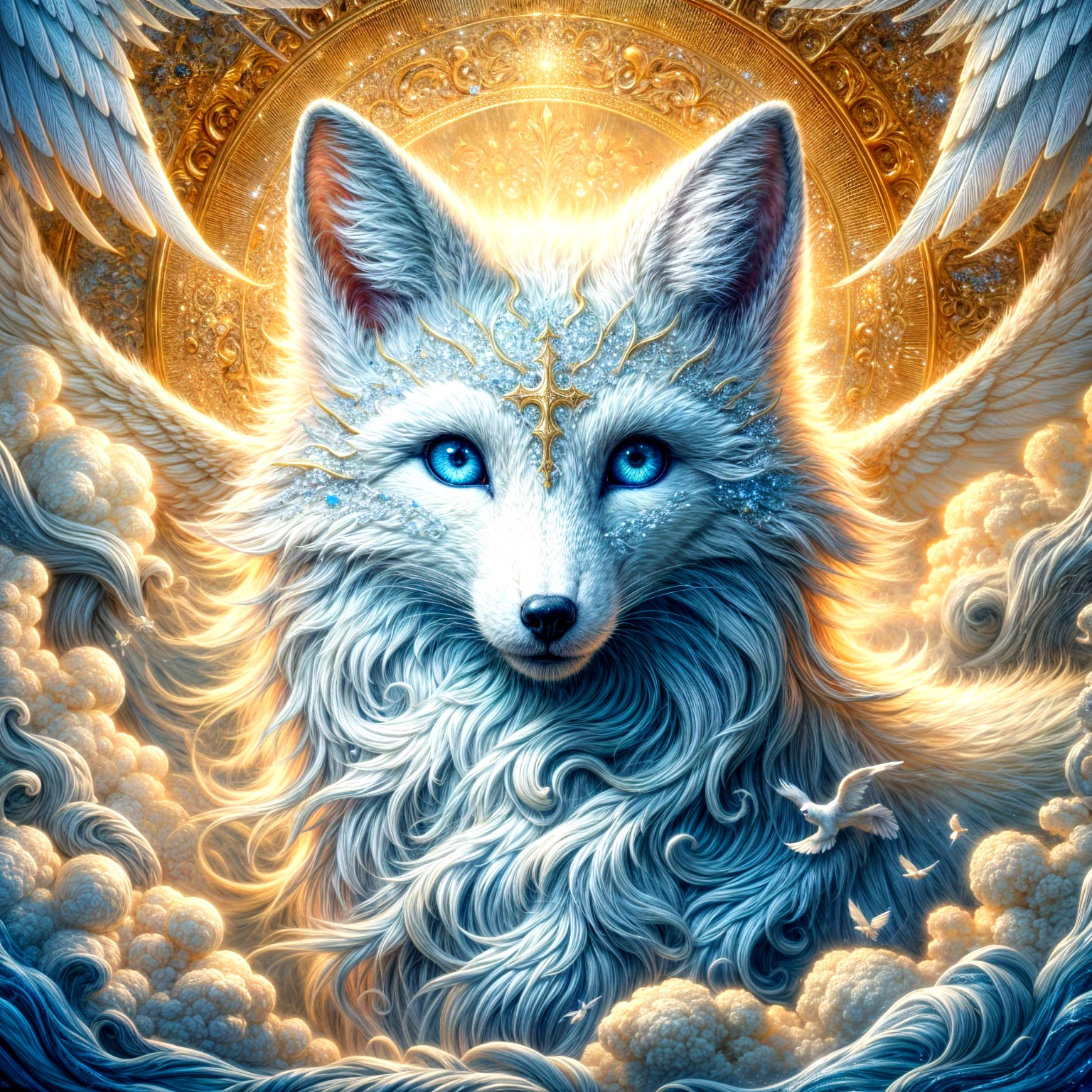 Majestic White Fox with Golden Halo and Wings