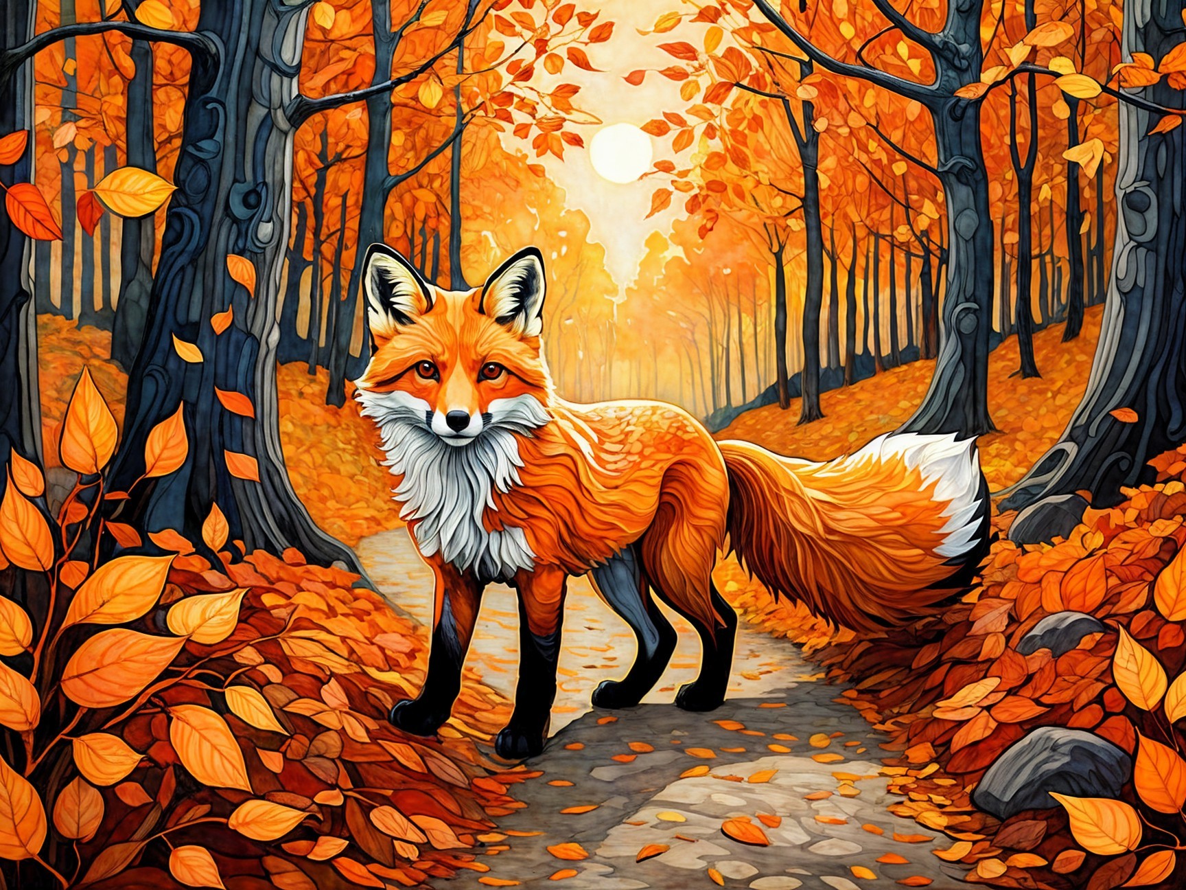 Vibrant Autumn Scene with Fox on Forest Path