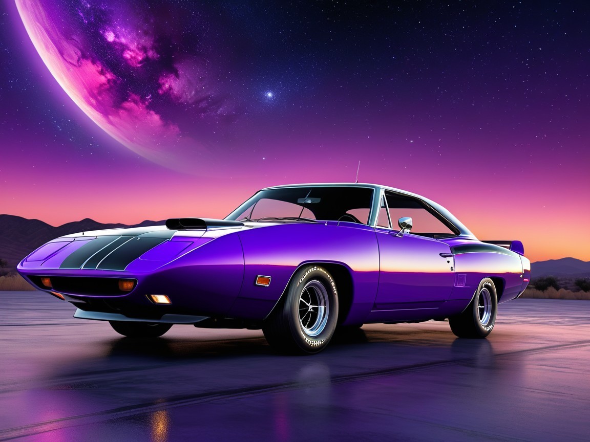 Purple Muscle Car Against Twilight Sky with Planets