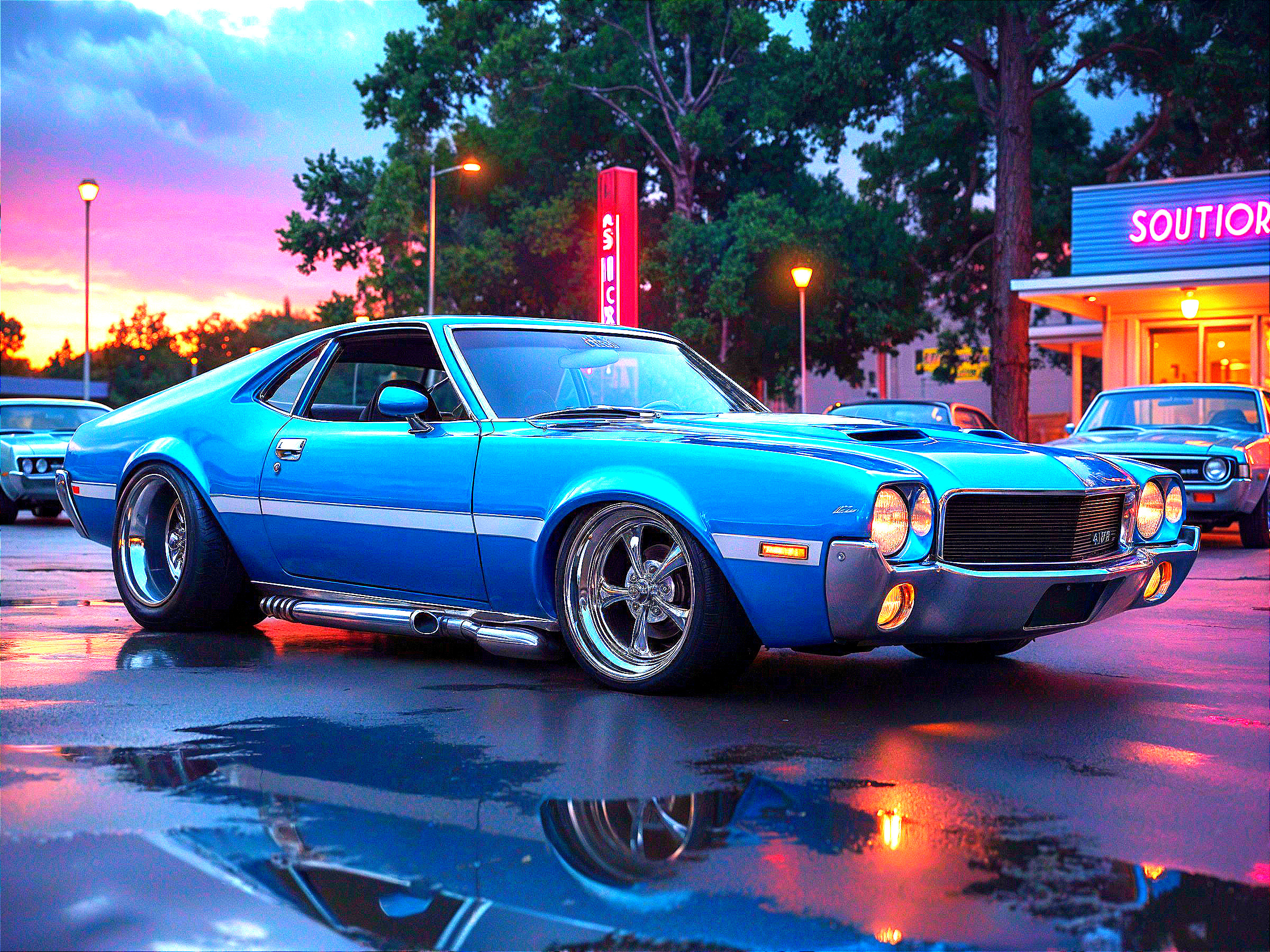 Blue Vintage Car on Wet Street at Sunset