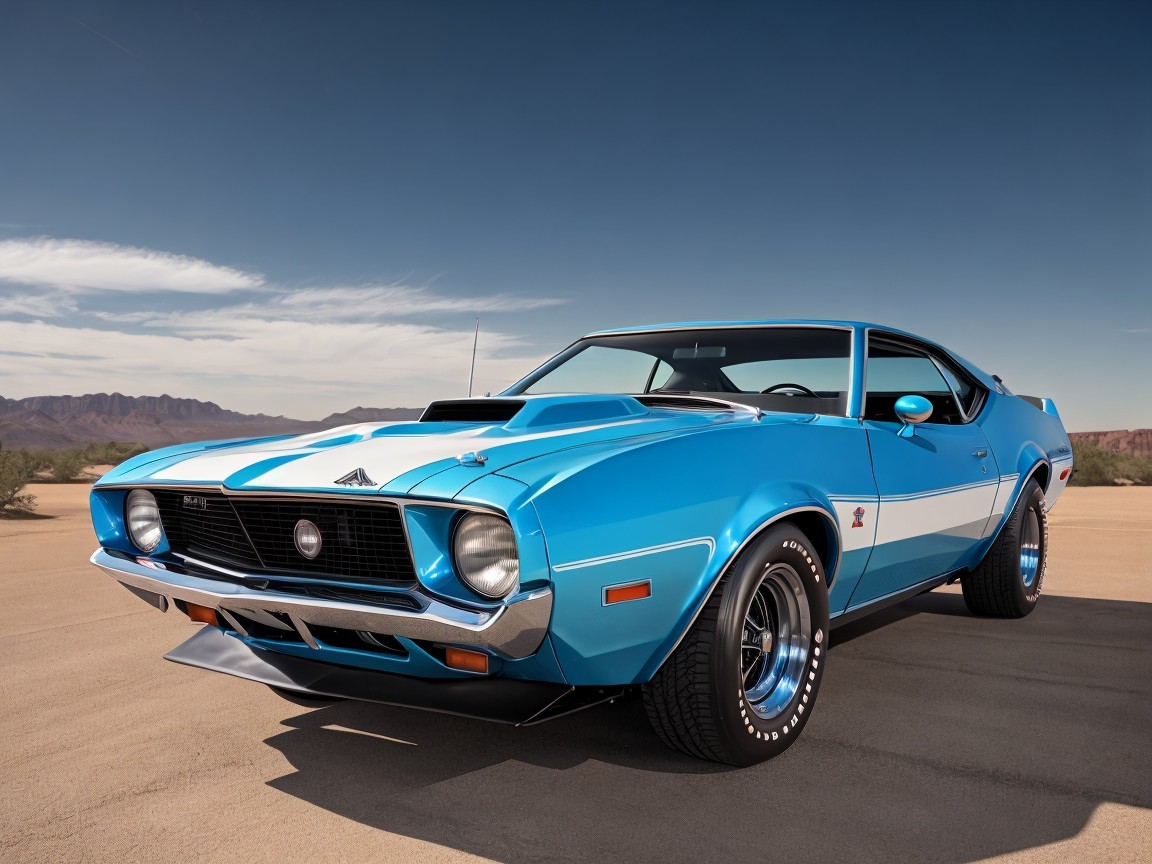 Classic Blue Car with White Racing Stripes in Desert