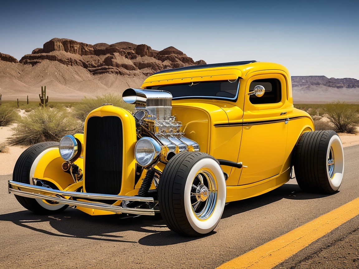 Classic Yellow Hot Rod Coupe on Desert Road