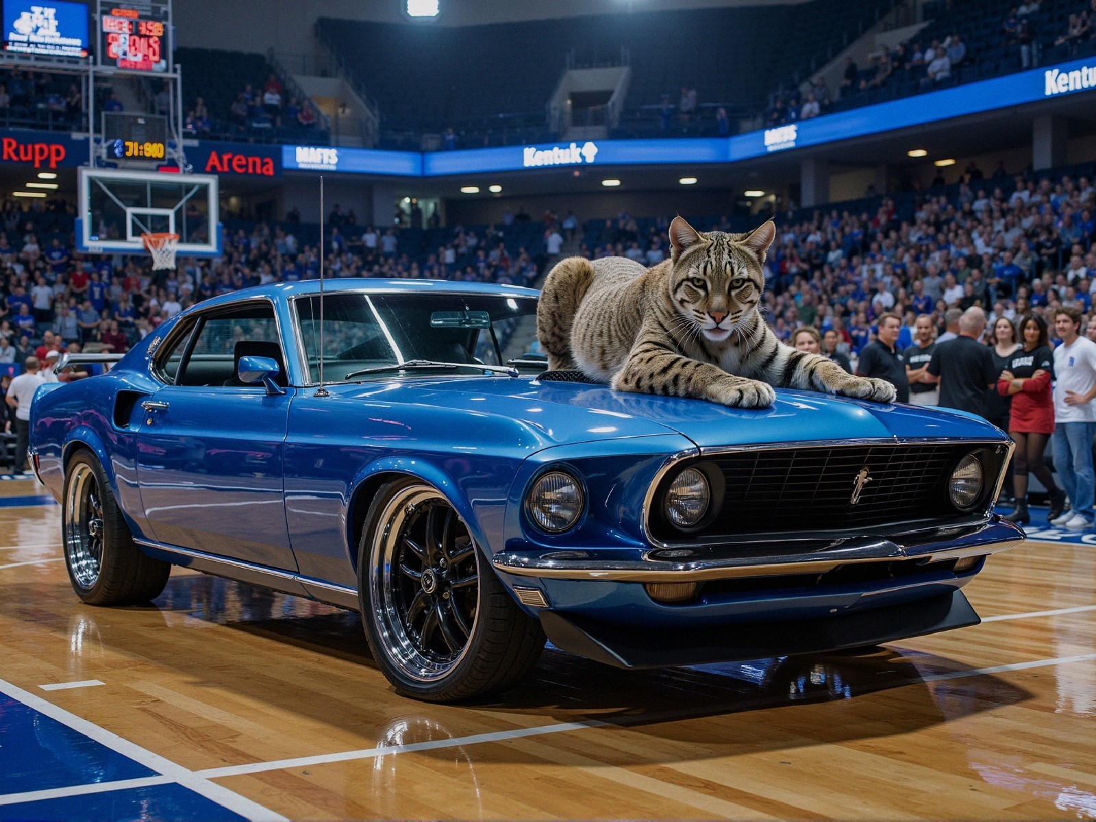 1969 Mustang on Basketball Court with Relaxed Cat