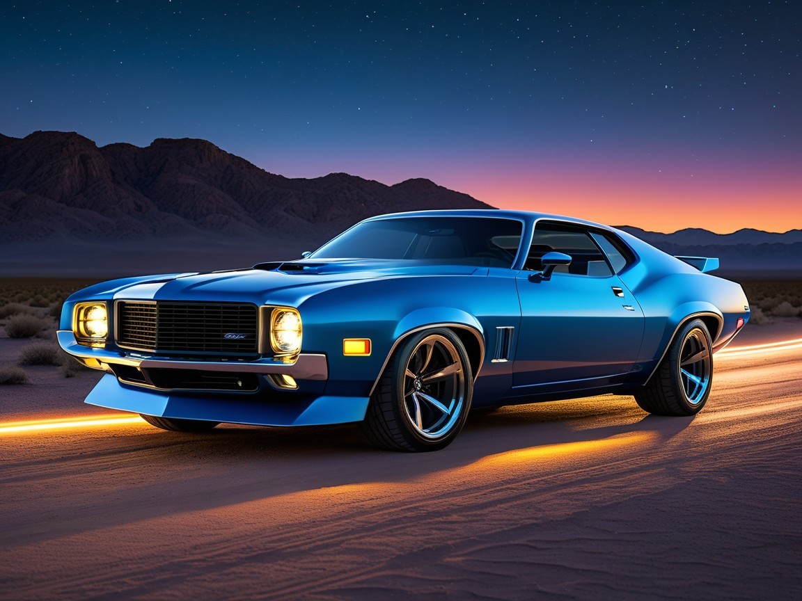 Blue Vintage Muscle Car on Desert Road at Dusk