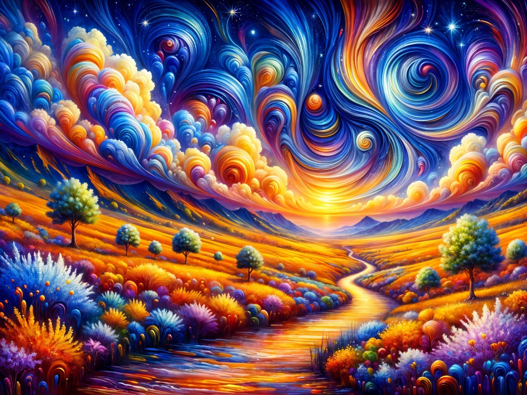 Vibrant Landscape with Colorful Sunset and Flowers