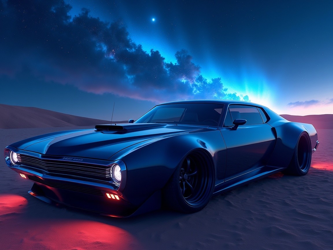 Custom Black Muscle Car in Desert Night Landscape